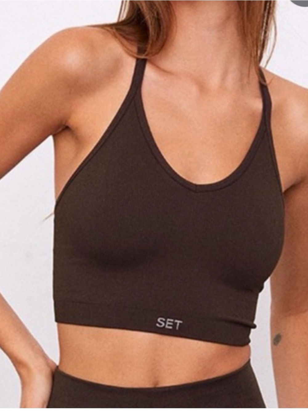 SET Active Brown Seamless Racerback V Neck Top